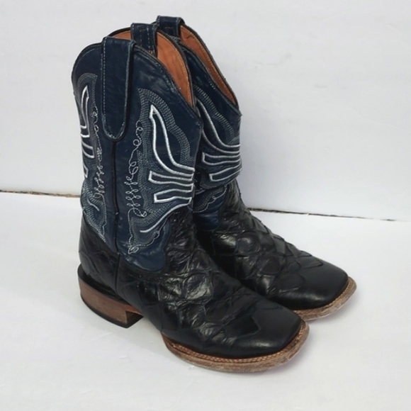Tanner Mark Cowboy Boots Leather Monster Fish Square Toe Blue Black Size 5.5 - Picture 1 of 16